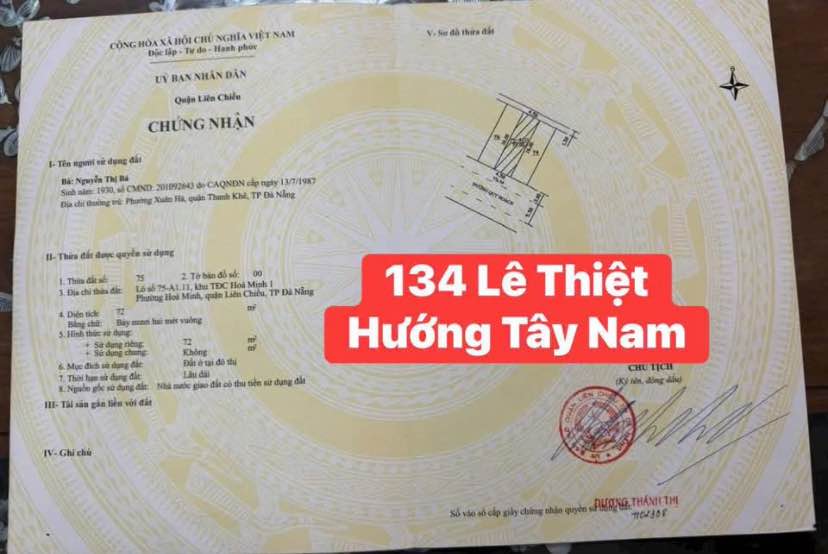 Đất mặt tiền đường Lê Thiệt, Đà Nẵng 72m² giá 5.2 tỷ - Cách biển chỉ 2 phút!