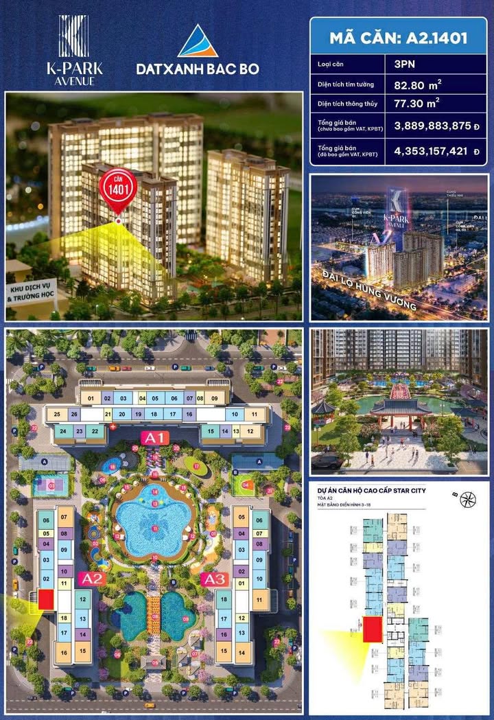 Căn hộ 3 phòng ngủ Tòa A2 K-park Vinhome Thanh Hóa 77m² - View đẹp, giá hợp lý