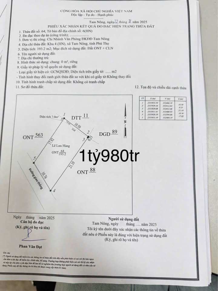 Đất thổ cư 193m² tại Hương Nộn, Tam Nông, Phú Thọ - Giá chỉ 1.98 tỷ, vị trí đắc địa!