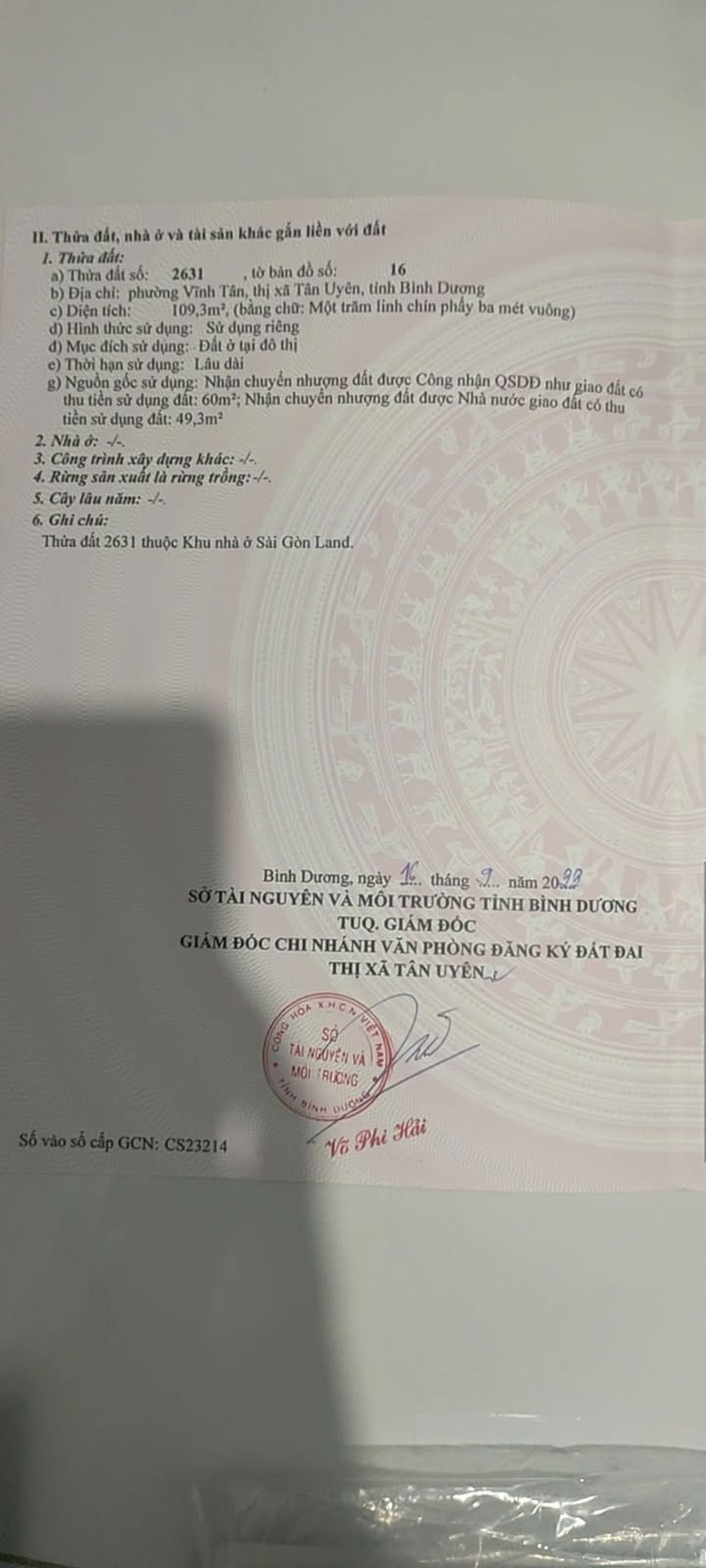 Đất thổ cư khu Saigonland Vĩnh Tân 109m² giá 1.7 tỷ - Đầu tư sinh lời ngay!