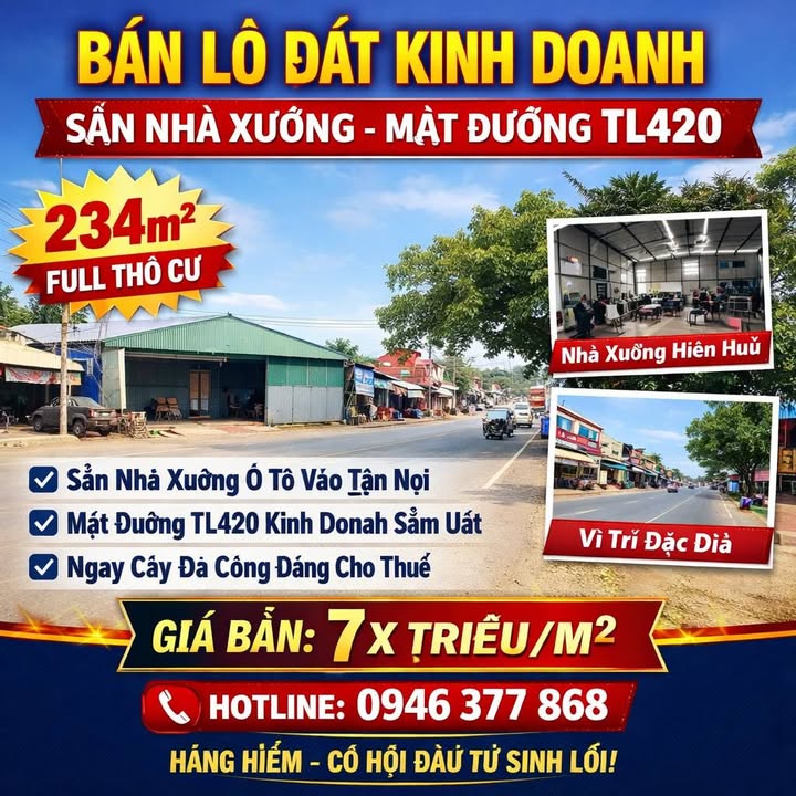 Lô đất kinh doanh mặt đường TL420, Thạch Thất 234m² - Nhà xưởng sẵn sàng cho thuê!