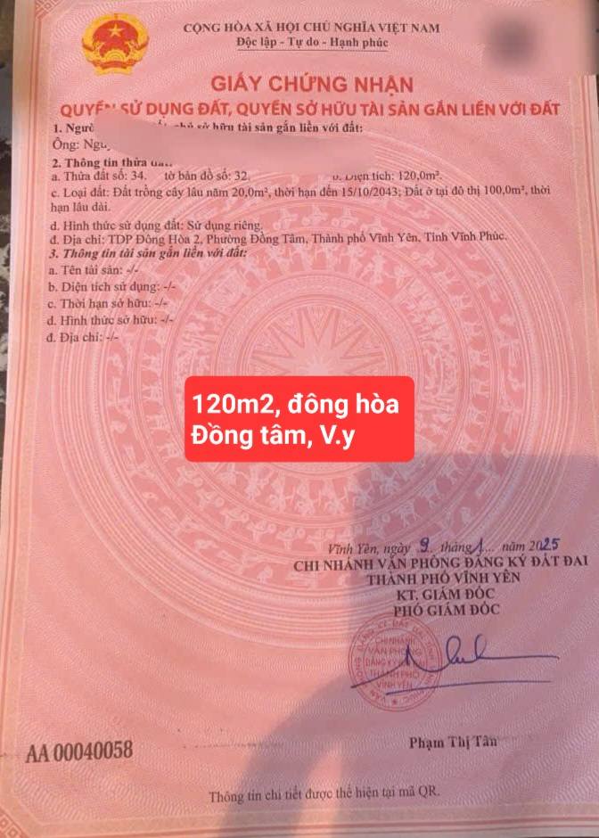 Đất nền Đồng Tâm Vĩnh Yên 120m² giá 1.8 tỷ - Đầu tư lý tưởng!