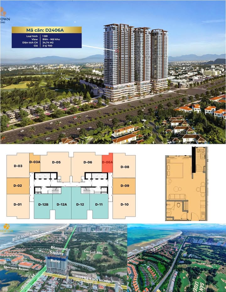 Căn hộ 1PN Tòa Diamond Đà Nẵng 34,74m² giá 3,7 tỷ - View biển tuyệt đẹp!