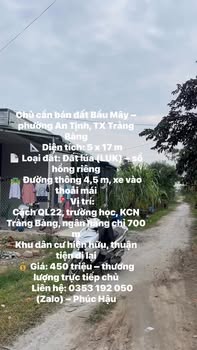 Đất Bầu Mây, An Tịnh, Trảng Bàng 85m² giá 450 triệu - Sổ hồng riêng, vị trí thuận lợi!
