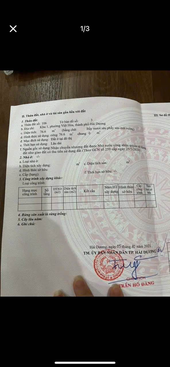 Lô đất Việt Hòa Hải Dương 76,6m² giá 1,3 tỷ - Sổ hồng chính chủ, ô tô vào thoải mái!