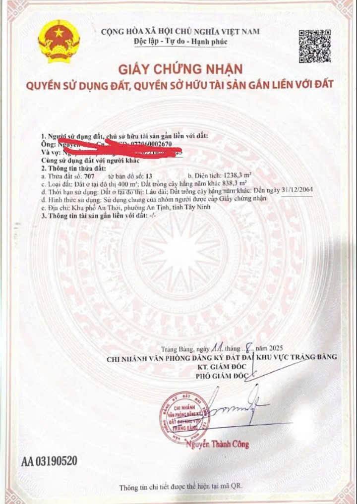 Bán đất tại khu phố An Thới, Trảng Bàng, 1238m² - Đầu tư sinh lời hấp dẫn!