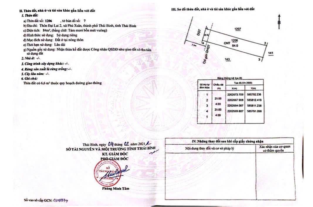 Đất thổ cư Phú Xuân Thái Bình 84m² giá 2.436 tỷ - Pháp lý rõ ràng sẵn sàng giao dịch!