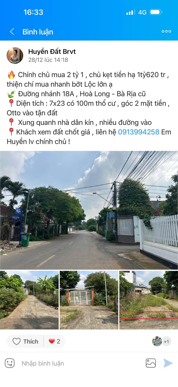 Đất thổ cư Hòa Long Bà Rịa 161m² giá 1.62 tỷ - Đầu tư sinh lời ngay!