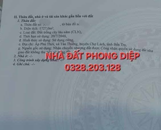 Đất trồng sầu riêng Tân Thiềng Chợ Lách 1727m² giá 690 triệu - Cơ hội đầu tư tốt!