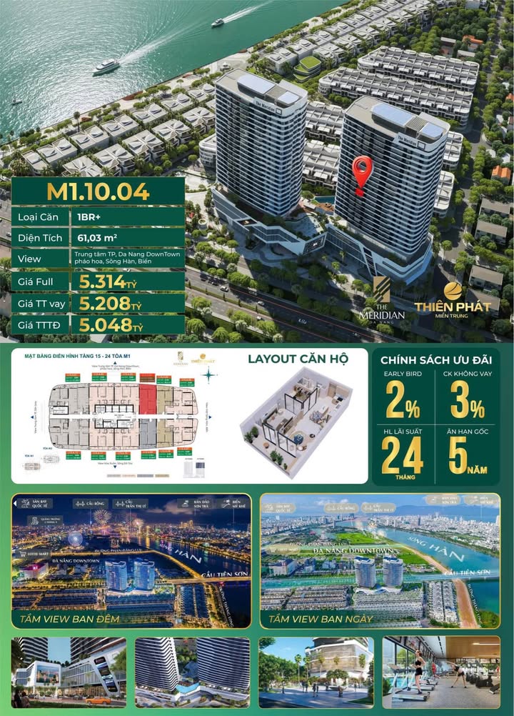 Căn hộ 1BR+ The Meridian Đà Nẵng 61m² giá 5.048 tỷ - View triệu đô giữa trung tâm
