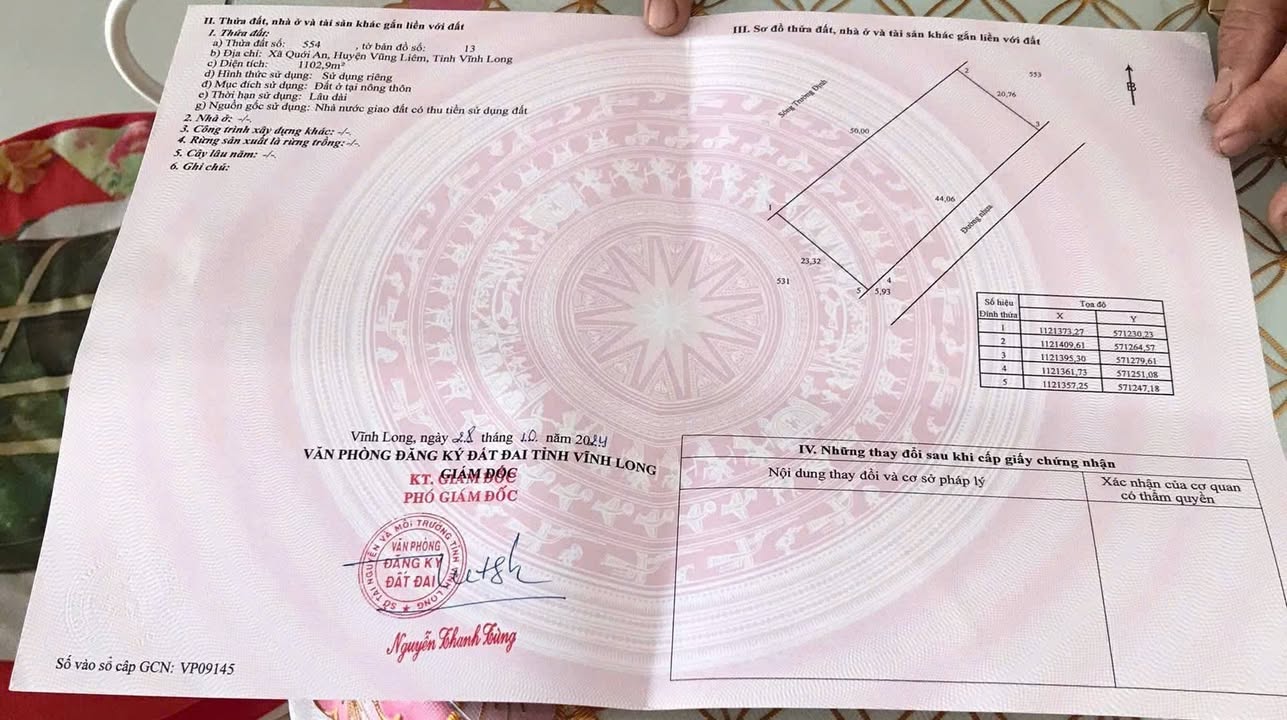 Đất mặt tiền đường nhựa Quới An Vũng Liêm 1100m² giá 1.8 tỷ - Pháp lý rõ ràng, tiềm năng chia nền!