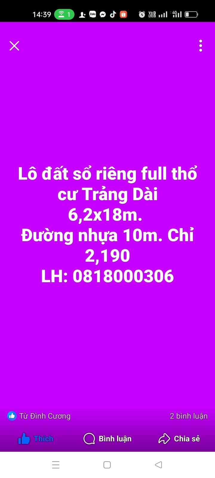Đất thổ cư Trảng Dài 111.6m² giá 2.19 tỷ - Sổ đỏ chính chủ, đường nhựa 10m