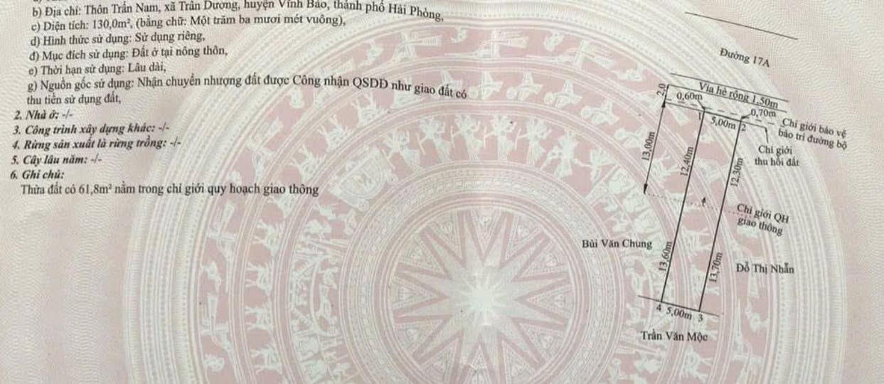 Đất thổ cư đường 17A, xã Trấn Dương, 130m² - Giá ưu đãi cho khách hàng đầu tư!