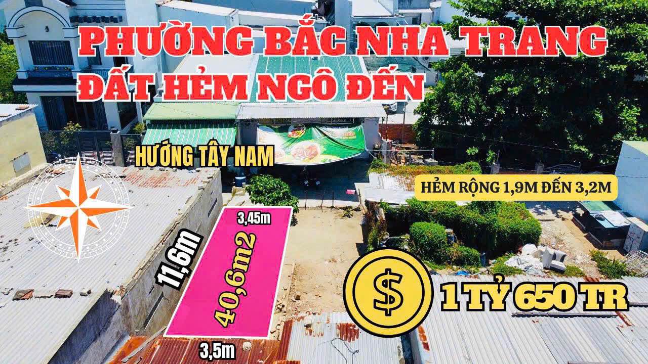 Đất hẻm Ngô Đến, Bắc Nha Trang 40.6m² giá 1.65 tỷ - Gần biển, an ninh tốt!