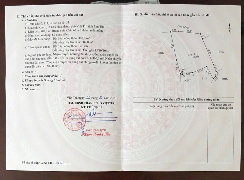 Đất nền 902m² tại Khu 1 Chu Hóa, TP Việt Trì - Cơ hội đầu tư hấp dẫn!