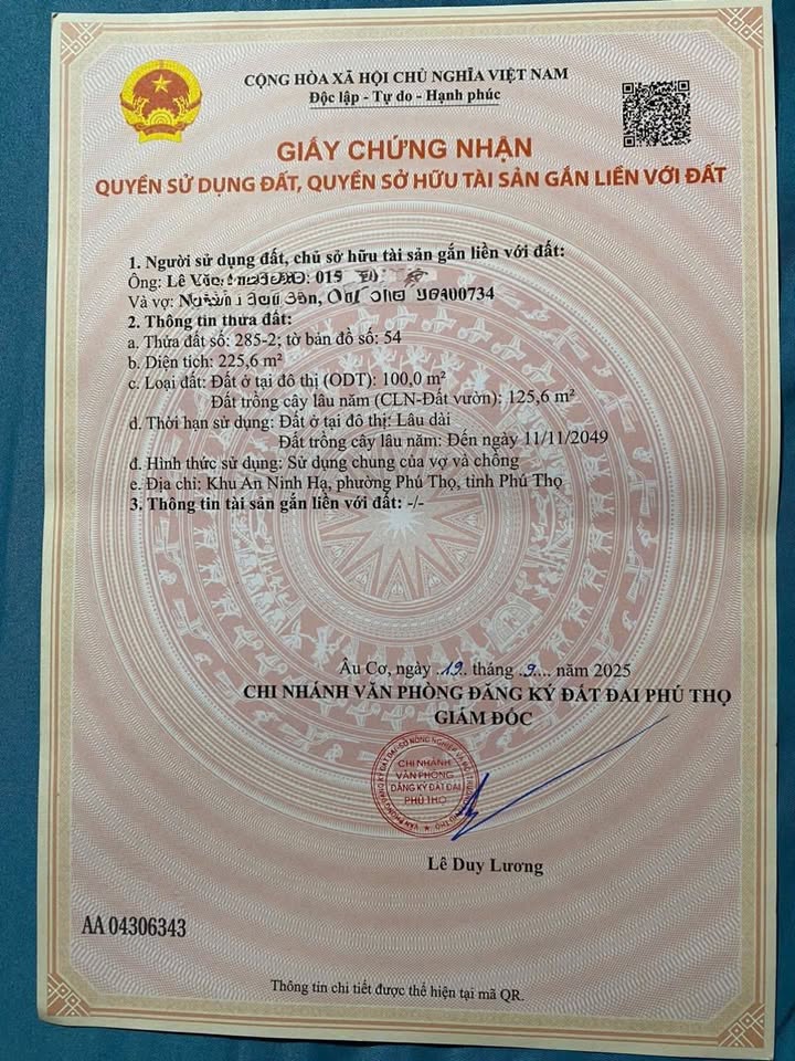 Đất thổ cư 225,6m² mặt tiền 8m tại Phú Thọ - Pháp lý rõ ràng, giá ưu đãi!