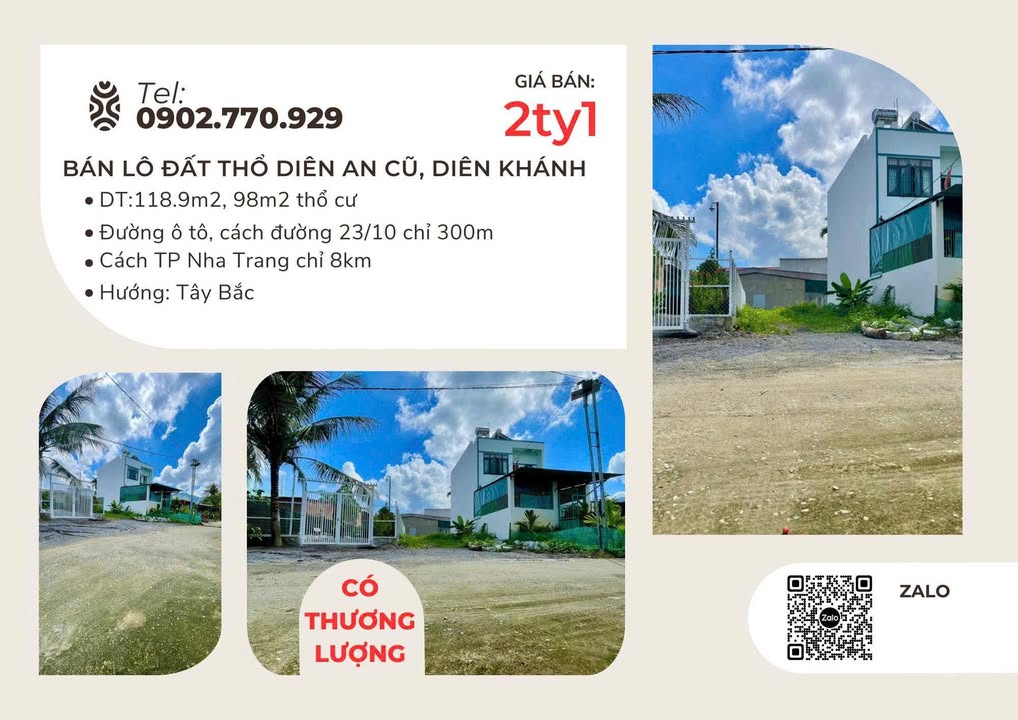 Đất Diên An, xã Diên Khánh 119.8m² giá 2.1 tỷ - Đường ô tô, sổ đỏ chính chủ!