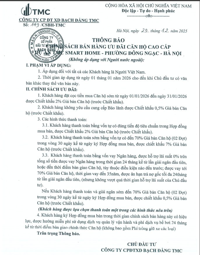 Căn hộ CT1 TMC Smarthome Bắc Từ Liêm 69m² giá 7 tỷ - Chiết khấu lên đến 9,5% ngay hôm nay!
