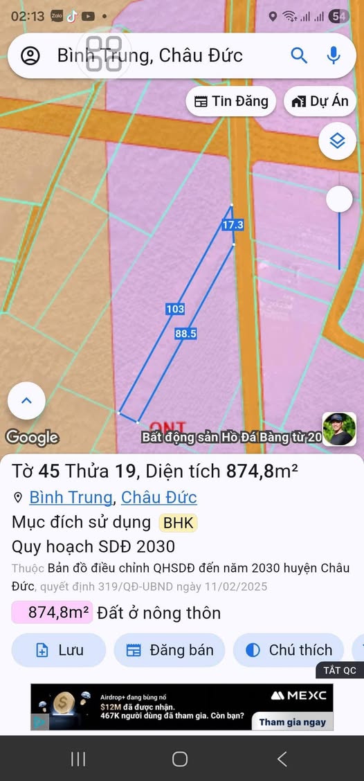 Đất nền xã Bình Trung 875m² giá 1 tỷ - Cơ hội đầu tư tuyệt vời!