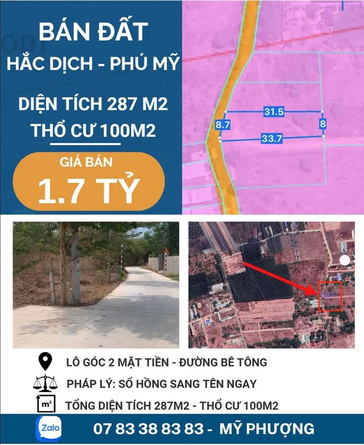 Đất lô góc 287m² Hắc Dịch, Phú Mỹ giá 1.7 tỷ - Cơ hội đầu tư hấp dẫn!