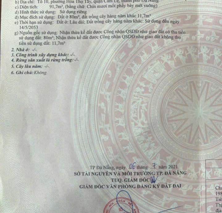 Đất nền Hòa Thọ Tây Đà Nẵng 92m² giá 2,1 tỷ - Gần chợ và trường học!