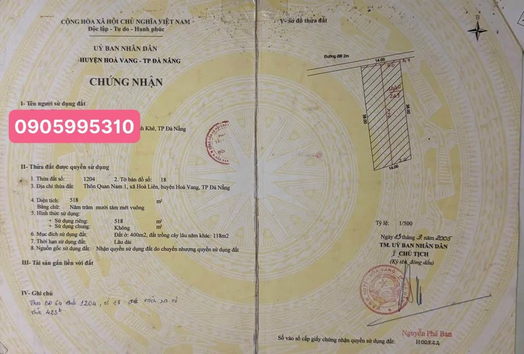 Đất thổ cư Hòa Liên 250m² giá 1.5 tỷ - Đầu tư sinh lời tiềm năng!