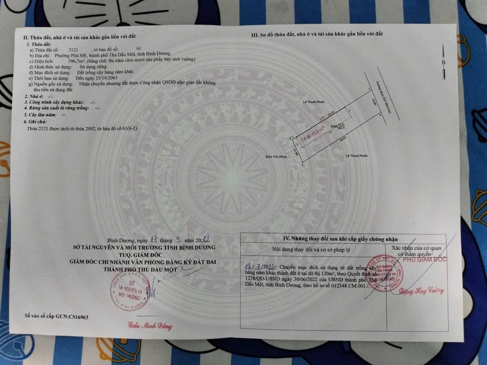 Đất thổ cư Phú Mỹ Thủ Dầu Một 396m² giá 7.5 tỷ - Đầu tư sinh lời cao!