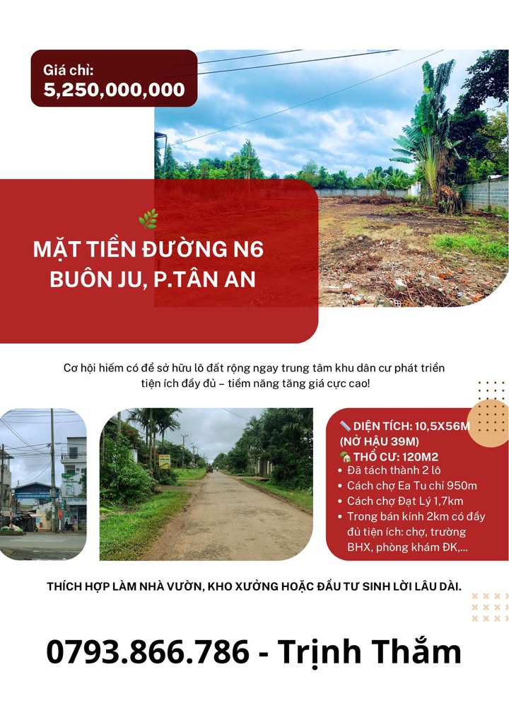 Đất nền mặt tiền đường N6, Buôn Ma Thuột 105m² giá 5.25 tỷ - Đầu tư sinh lời ngay!