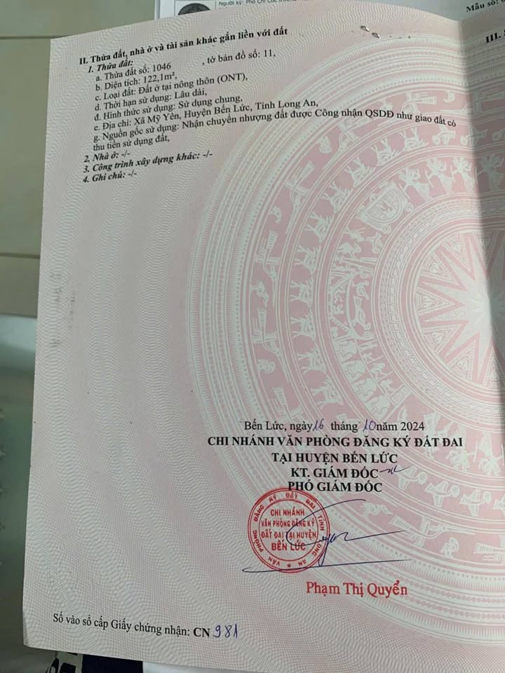 Đất thổ cư Mỹ Yên Bến Lức 122m² giá 1.2 tỷ - Cơ hội đầu tư hấp dẫn!