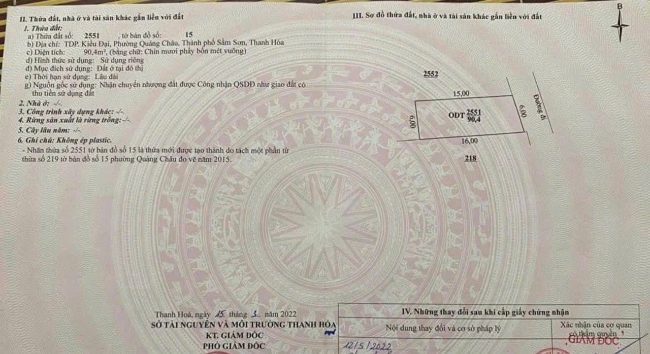 Đất thổ cư Kiều Đại, Quảng Châu, Sầm Sơn 90m² giá 1 tỷ - Hướng Đông thoáng mát!