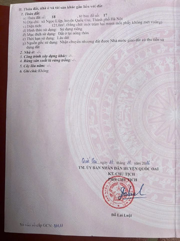 Đất thổ cư Ngọc Liệp - Quốc Oai 121m² giá 6.05 tỷ - Đầu tư sinh lời hấp dẫn!