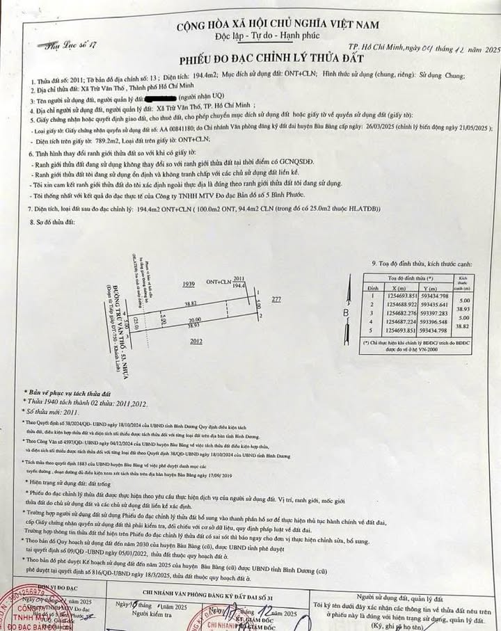 Đất thổ cư Trừ Văn Thố - Bàu Bàng 190m² giá 799 triệu - Đầu tư sinh lời hấp dẫn!