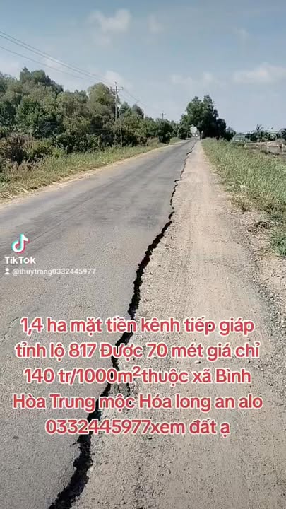 Đất nền 1,4 ha mặt tiền kênh tại Bình Hòa Trung, Mộc Hóa chỉ 140 triệu - Cơ hội đầu tư tuyệt vời!