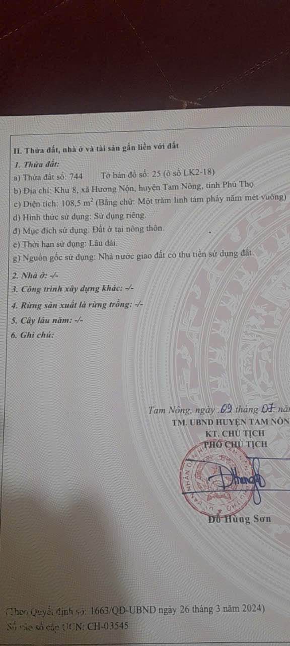 Đất thổ cư Hương Nộn, Tam Nông 108m² giá 1.5 tỷ - Tiềm năng đầu tư cao!