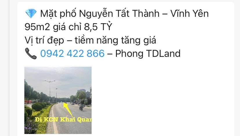 Đất nền 95m² đường Nguyễn Tất Thành - Khai Quang - Vĩnh Yên giá 8.5 tỷ - Cơ hội đầu tư sinh lời!