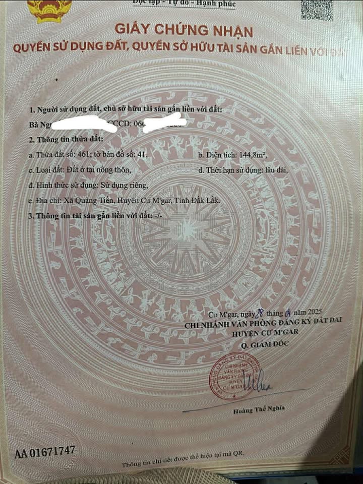 Lô đất thổ cư 145m² tại thôn Tiến Thành, xã Quảng Phú giá 850 triệu - Cơ hội đầu tư hấp dẫn!