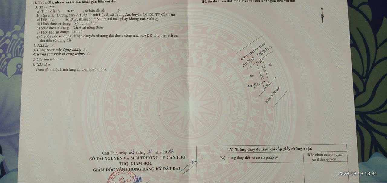 Đất nền thổ cư mặt tiền đường lộ 921, phường Trung Nhứt, quận Thốt Nốt - Giá chỉ 700 triệu!