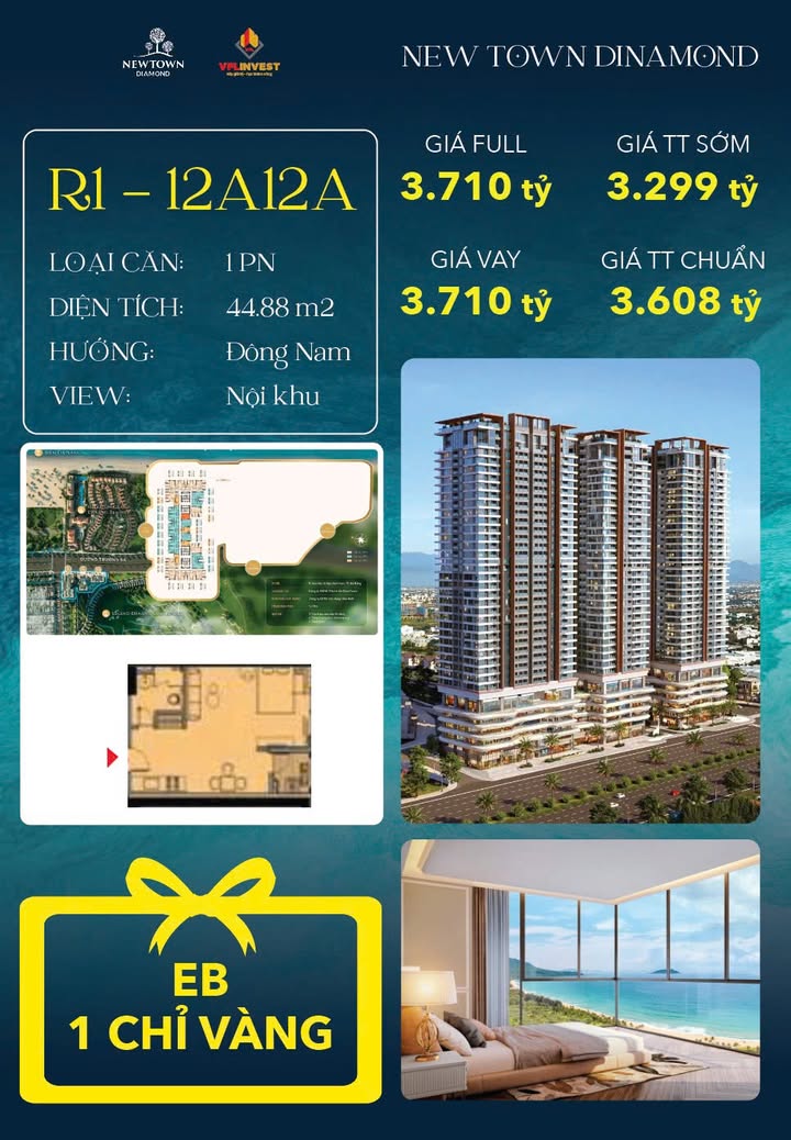 Căn hộ Newtown Diamond Đà Nẵng 44m² giá 3,299 tỷ - Cơ hội đầu tư hấp dẫn!