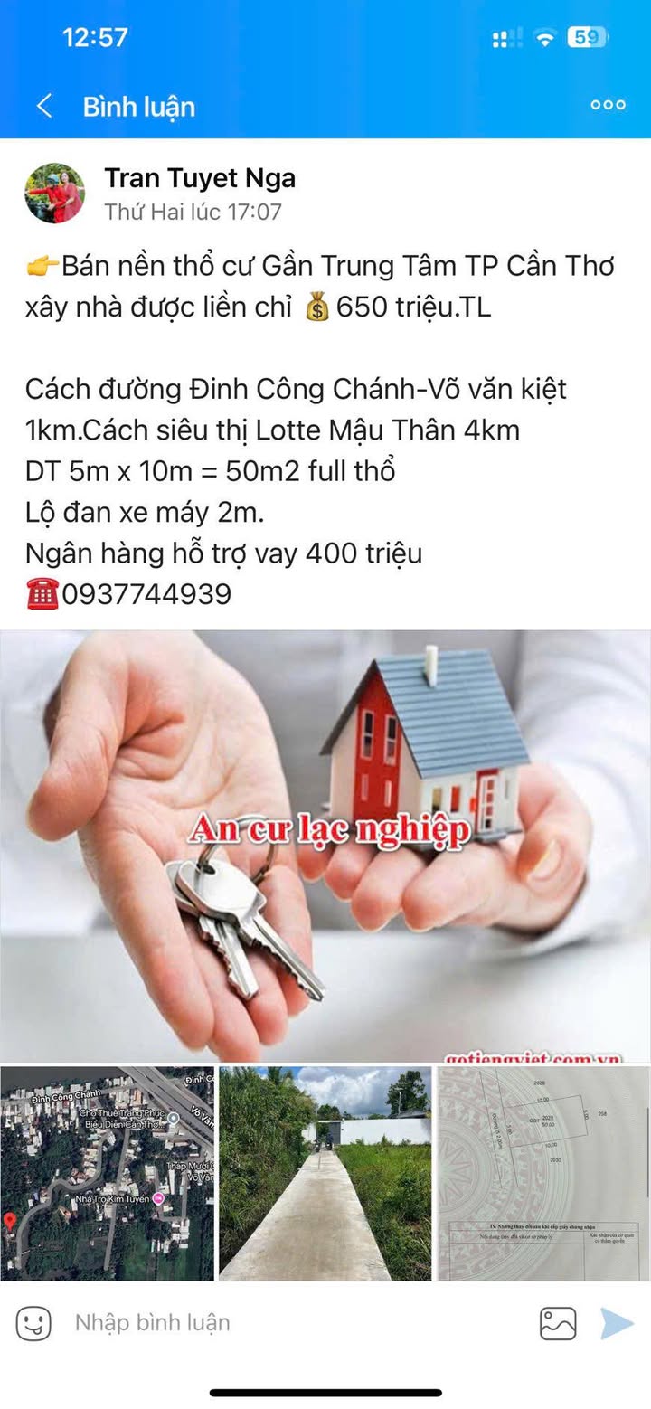 Đất thổ cư đường Mậu Thân, quận Ninh Kiều 50m² - Giá chỉ 650 triệu, thương lượng nhẹ!