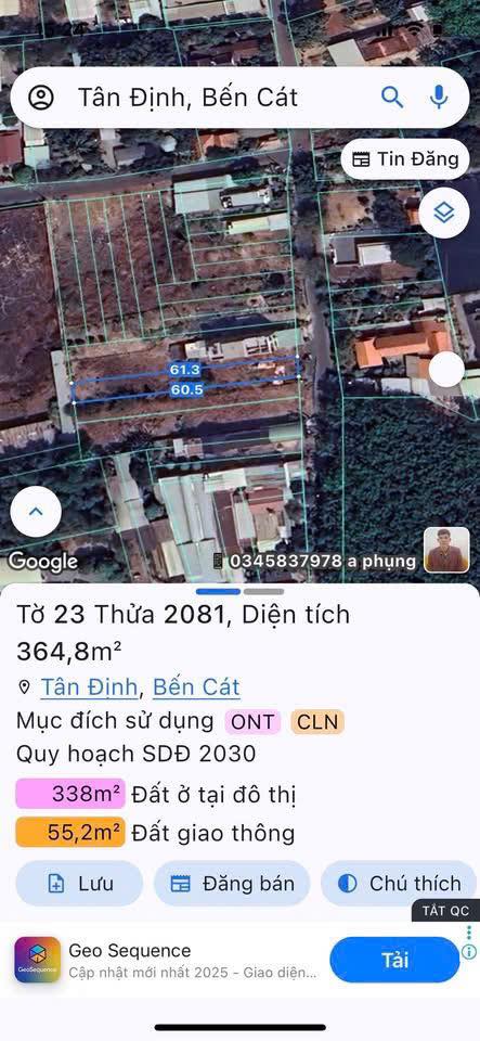 Đất nền Tân Định, Bến Cát 360m² - Mặt tiền đường nhựa 7m, cơ hội đầu tư sinh lời!
