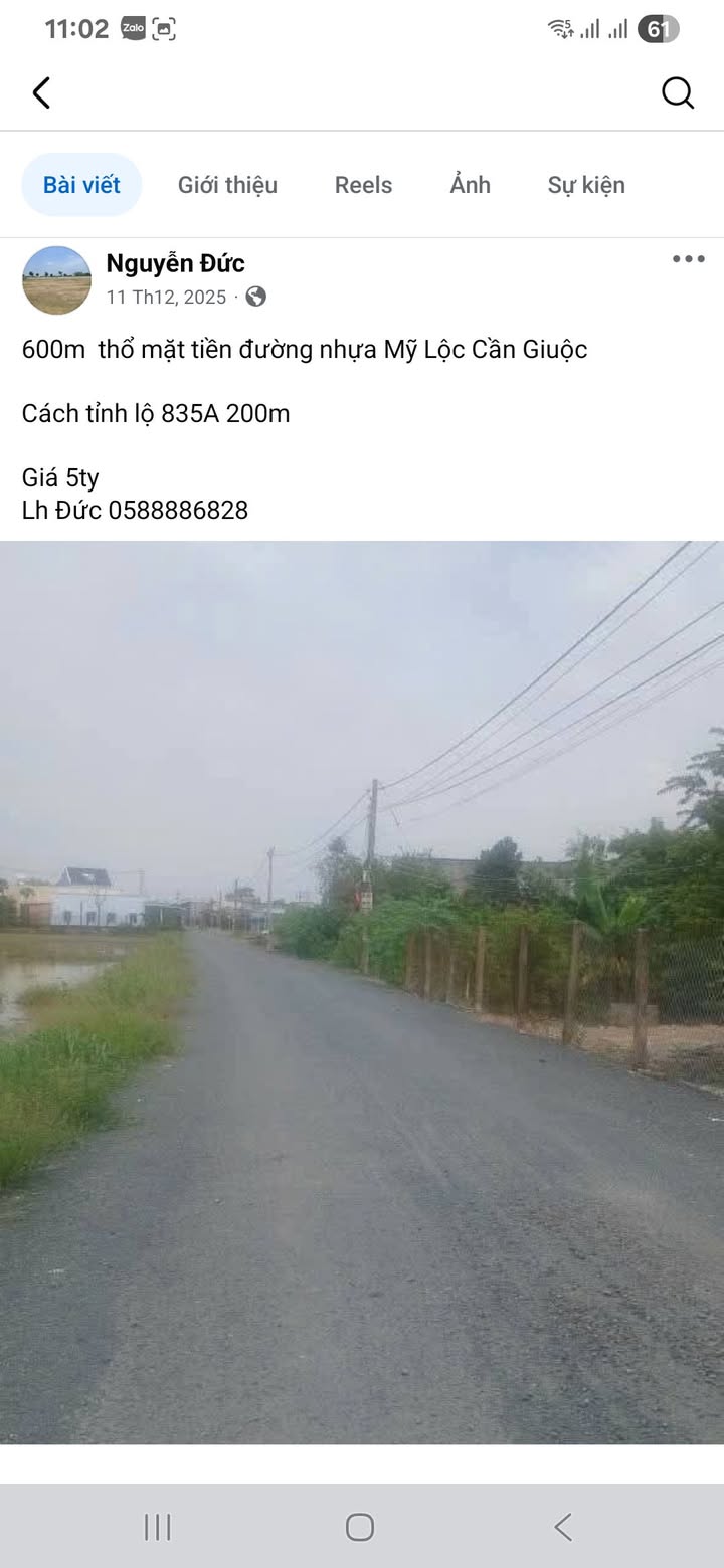 Đất mặt tiền đường Mỹ Lộc, Cần Giuộc 600m² giá chỉ 5 tỷ - Cơ hội đầu tư lý tưởng!