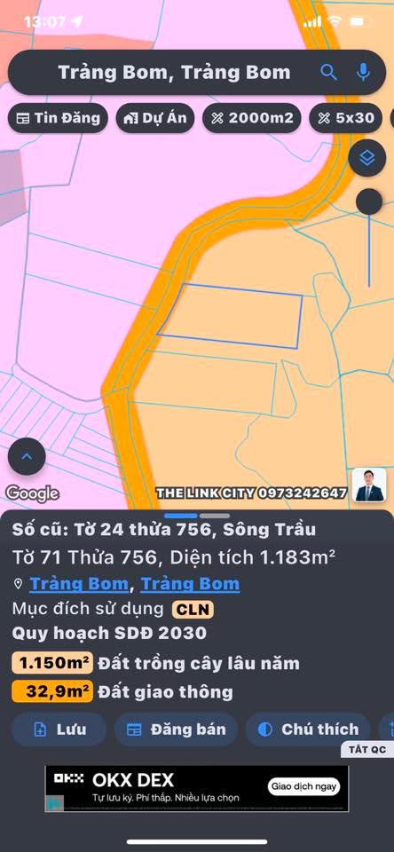 Đất mặt tiền ấp 3 Sông Trầu 1183m² giá 2 tỷ - Cơ hội đầu tư tuyệt vời!