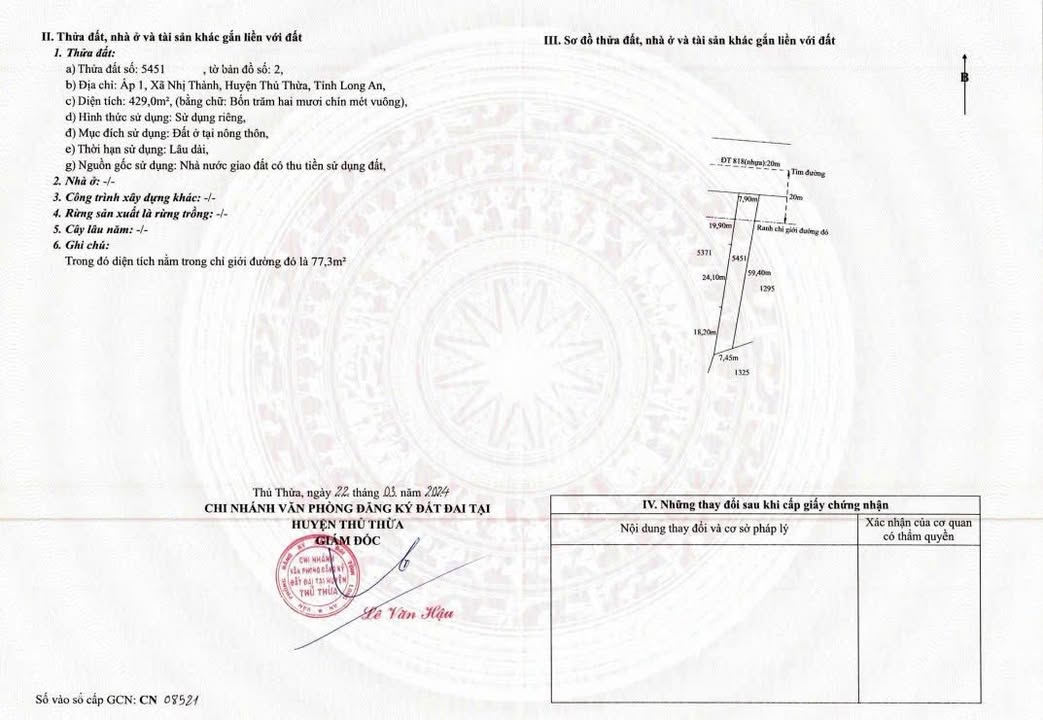 Đất nền mặt tiền ĐT818 Thủ Thừa 843m² giá 17.5 tỷ - Pháp lý rõ ràng, cơ hội đầu tư tuyệt vời!