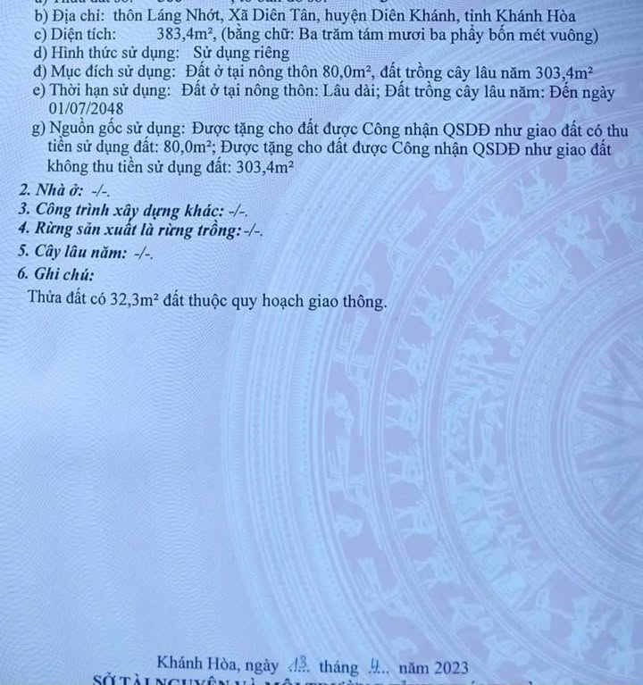 Đất thổ cư Diên Tân, Diên Khánh 400m² giá chỉ 840 triệu - Cơ hội hiếm có cho đầu tư!