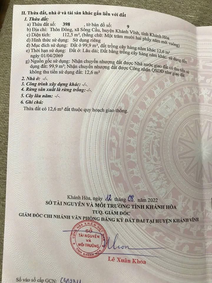 Đất Thổ Cư Xã Sông Cầu Khánh Vĩnh 112.5m² chỉ 420 triệu - Vị trí thuận lợi cho đầu tư!