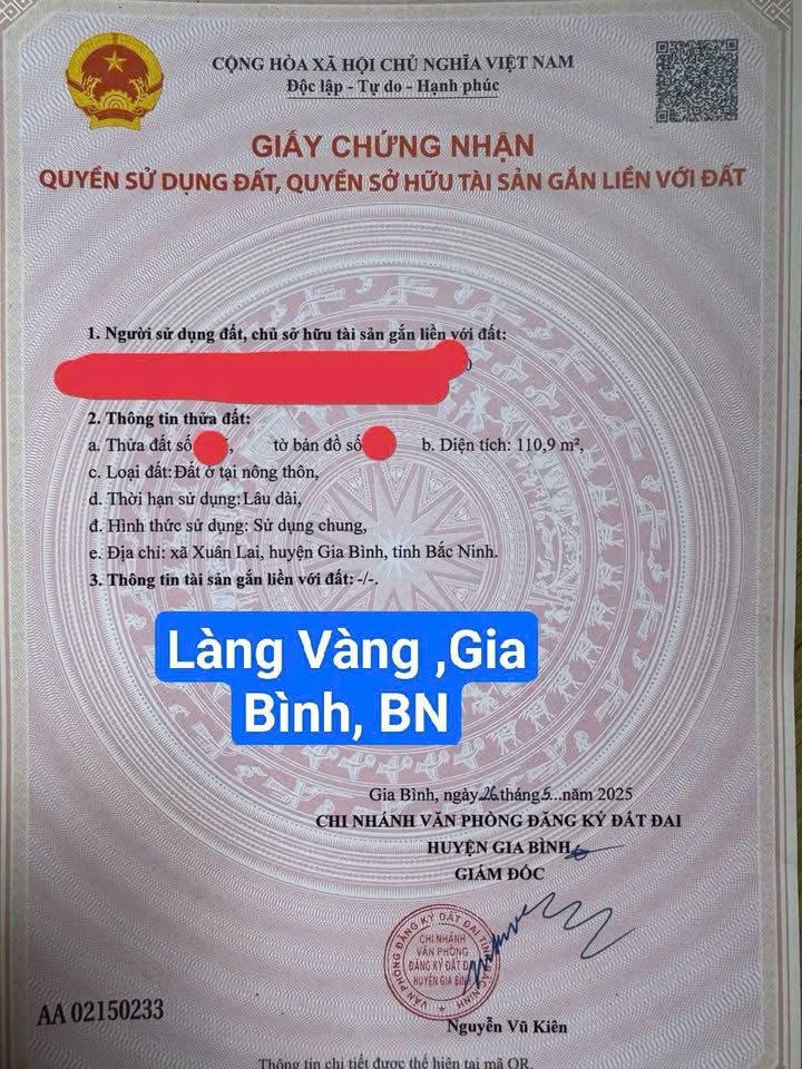 Đất nền Làng Vàng - Xuân Lai 110,9m² giá 2,2 tỷ - Tiềm năng tăng giá cao!