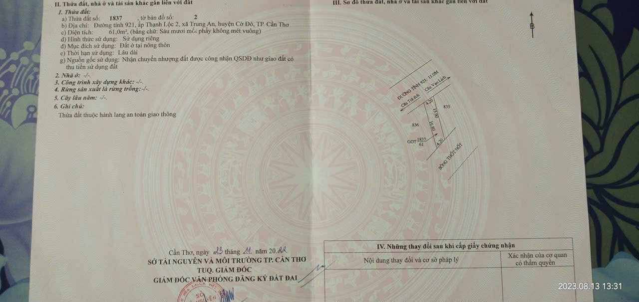 Đất thổ cư mặt tiền đường lộ 921, phường Trung Nhứt, quận Thốt Nốt, 67.2m² - Giá tốt chỉ 700 triệu!