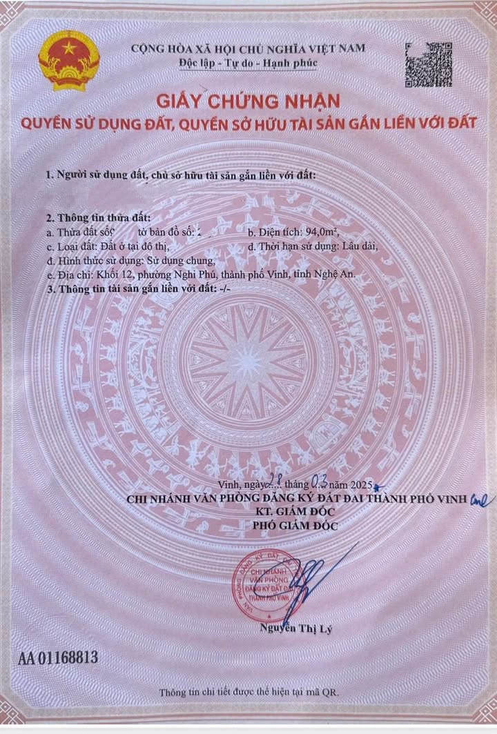 Đất Nền Nghi Phú, TP. Vinh 94m² giá 3.57 tỷ - Đường thông thoáng, gần tiện ích