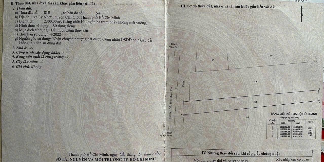 Đất nuôi trồng thủy sản 2300m² tại Cần Giờ - Mặt tiền đường Dương Văn Hạnh