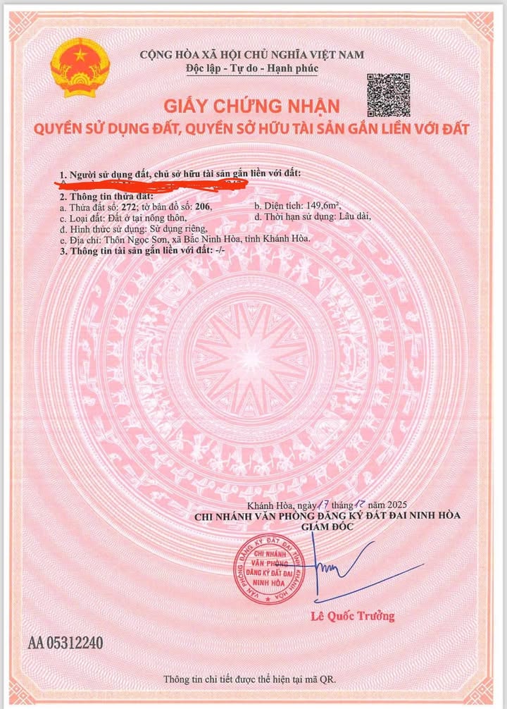 Đất thổ cư xã Bắc Ninh Hòa 149,6m² giá 800 triệu - Vị trí gần ủy ban xã!